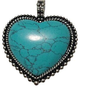 Southwest Heart Shaped Turquoise Pendant Silver Tone Beaded Border Love Jewelry